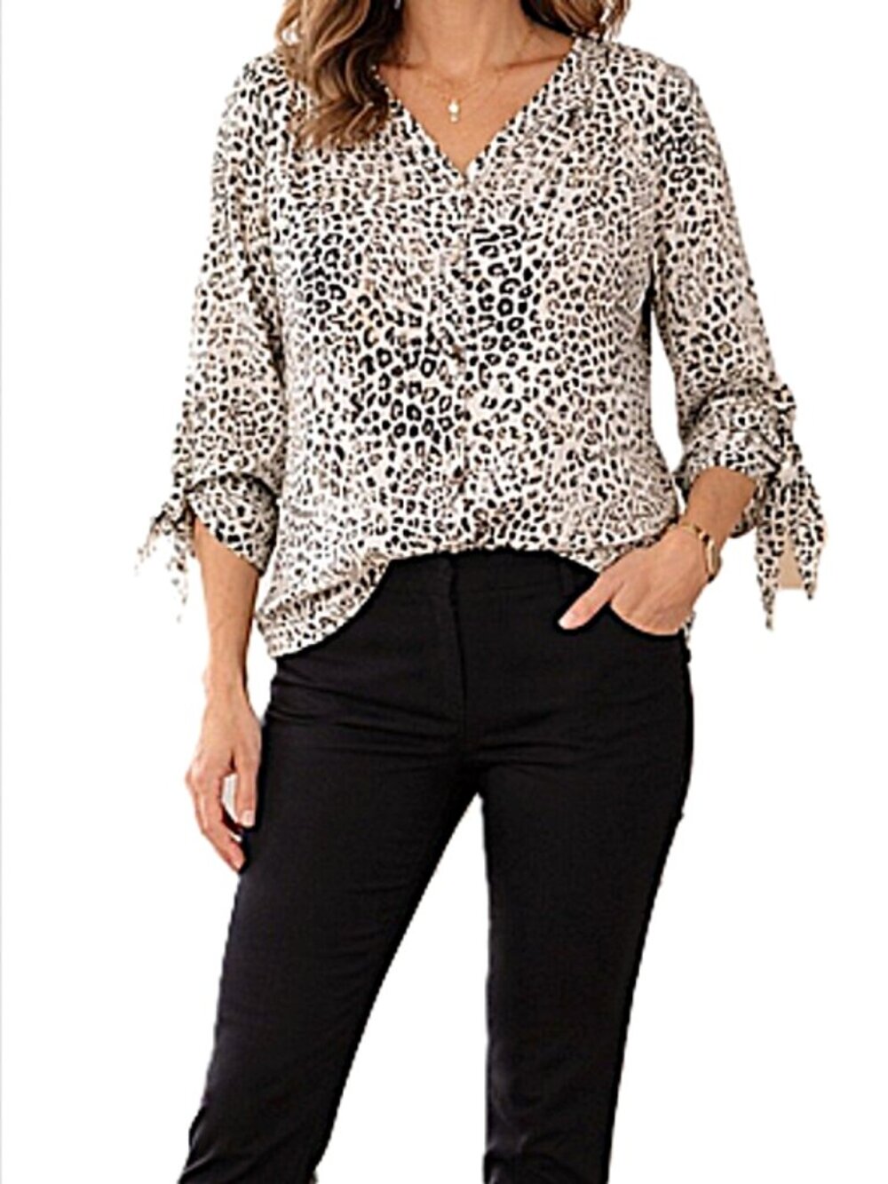 Chico's Animal Print Button Up Tie Sleeve Ends Blouse size 1P